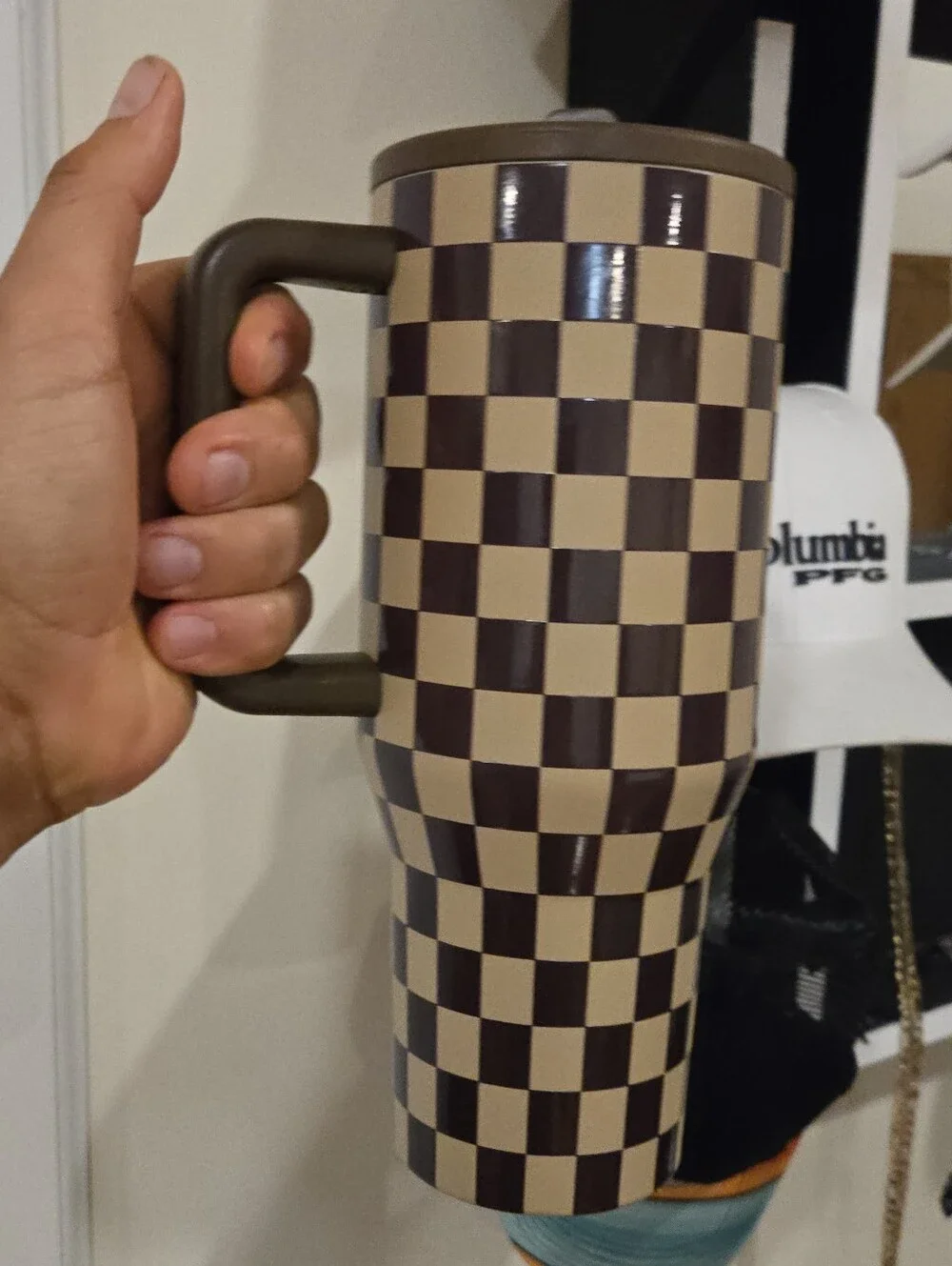 Checked Travel Tumbler - Brown and Cream